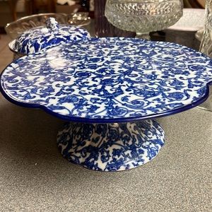 Vintage Arden Pedestal Cake Plate 11" In Cobalt Blue White Floral Makers Mark 19
